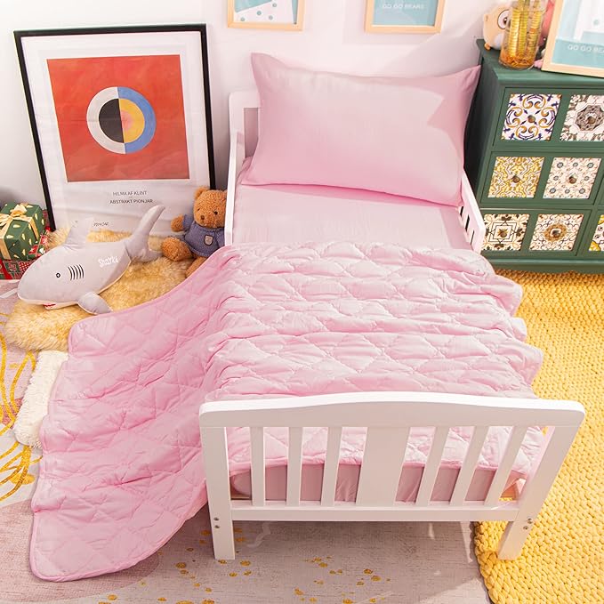 NTBAY Toddler Bedding Set - 4 Piece Soft and Breathable Crib Bedding Set for Boys and Girls, Includes Quilted Comforter, Fitted Sheet, Flat Top Sheet and Envelope Pillowcase, Pink