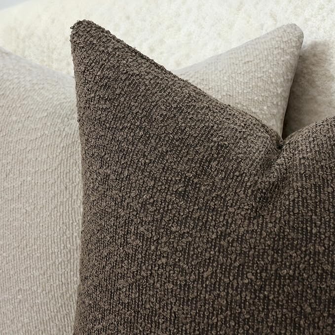 Textured Boucle Pillow Covers 18x18 Inch Set of 2, Striped Solid Pillowcases Cozy Soft Modern Accent Boho Square Decorative Throw Pillows for Couch Sofa Bed Living Room Home Decor, Brown