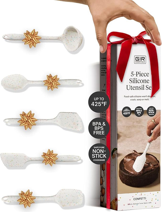 GIR: Get It Right 5-Piece Silicone Essentials Kitchen Utensils Set - Ladle, Spatula, Flip, Spoon & Spoonula - Non-Toxic Cooking Utensils for Nonstick Cookware, Cooking and Baking - Party Confetti