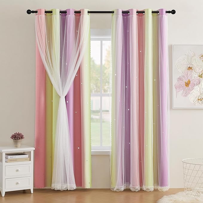 XiDi Pink Curtains for Bedroom Decor Blackout Curtains for Girl Room Rainbow Curtains for Kids Room Unicorn Wall Decals Purple Curtains Yellow 52X63 Inch Long 1 Panel