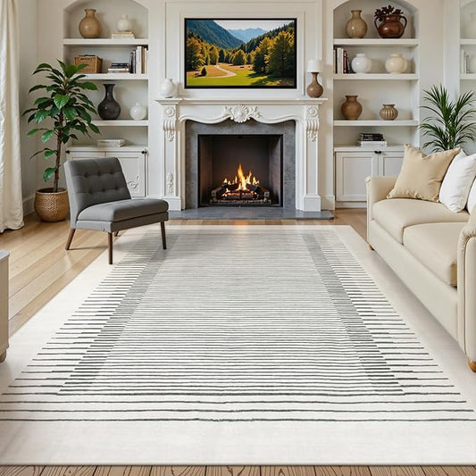 Morebes Modern 8x10 Rug for Living Room, Washable Stain-Resistant Soft Bedroom Area Rug Non Slip, Geometric Stripe Low Pile Indoor Carpet for Dining Room Farmhouse Home Office,White/Grey