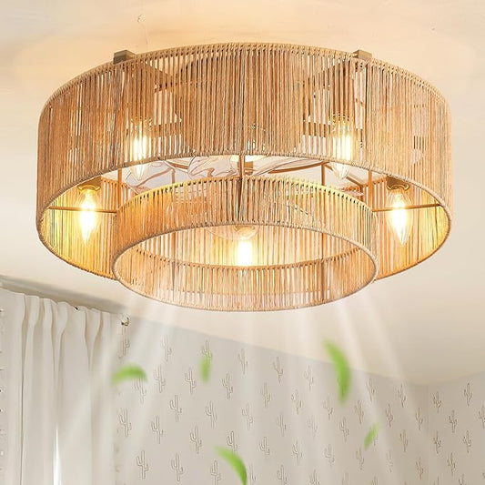 20'' Rattan Boho Ceiling Fan with Light, Enclosed Caged Ceiling Fans with Lights and Remote Control, Coastal Flush Mount with Reversible 6 Speeds for Living Room Bedroom Kitchen