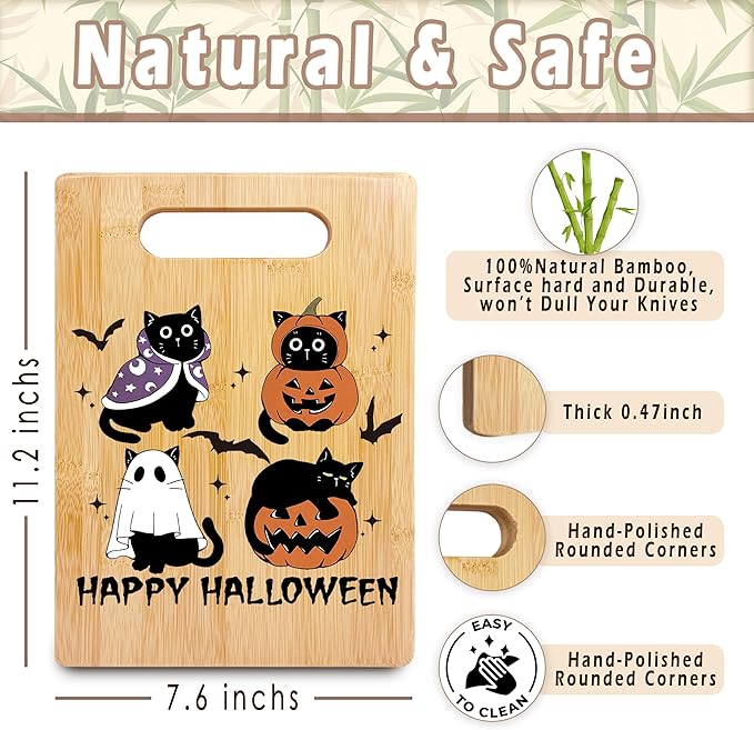 SPBL&L Halloween Black Cat Ghost Cutting Board, Cat Lovers Gifts for Women, Happy Halloween Kitty Spooky Pumpkin Decorative Bamboo Cutting Chopping Board for Kitchen