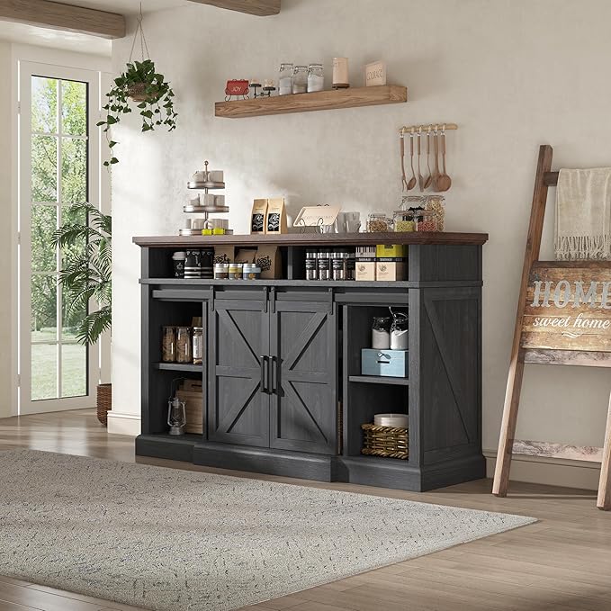 AMERLIFE 66" W Farmhouse TV Stand, Wood 40" H Tall Entertainment Center with Sliding Barn Door & Large Storage Shelves, Rustic Media Console for TVs up to 75", Dark Grey