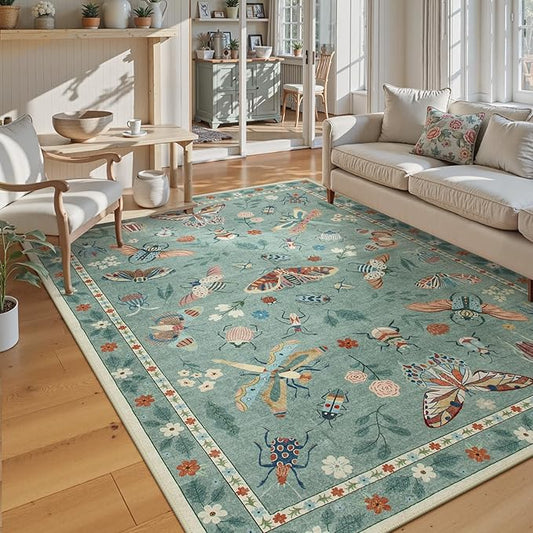 Lahome Insect Washable Area Rugs 5x7, Soft Green Rug for Living Room Bedroom Ultra-Thin Non-Shedding, Modern Stain Resistant Throw Large Carpet for Dining Room Kids Nursery(5'x7',Green)