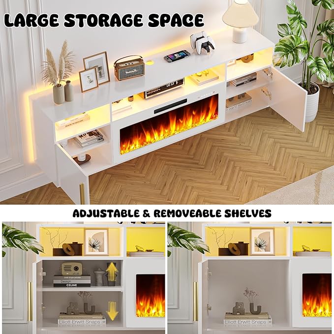 LEMBERI Floating Fireplace TV Stand 70'' Wall Mounted Shelf, LED Light Entertainment Center and Storage, Modern Wood Media TV Console with Highlight (White with White Fireplace)