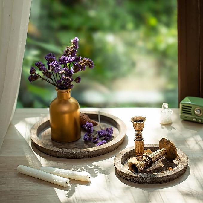 Romadedi Rustic Wooden Tray Candle Holder - Small Wood Decorative Plate Pillar Candle Tray for Farmhouse Kitchen Countertop Bathroom Coffee Table Organizer Home Decor Wedding Centerpiece, 11inch