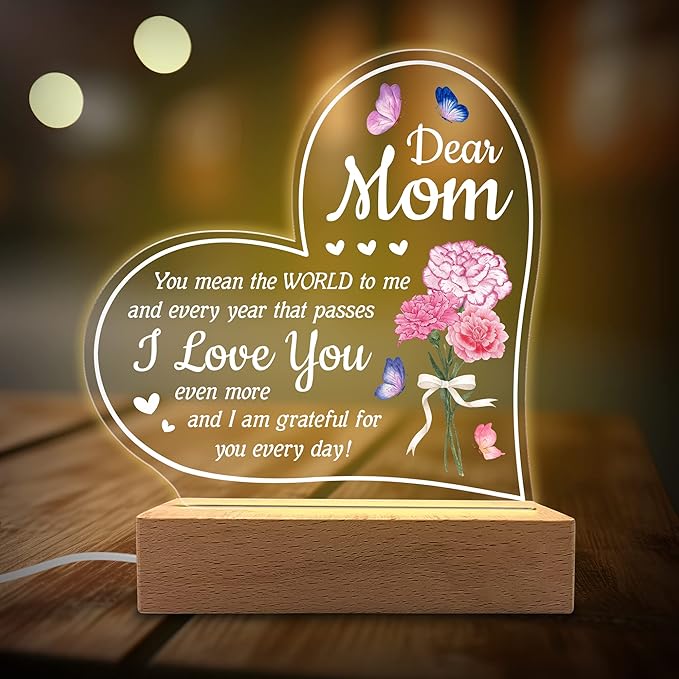 Acrylic Night Light - You Mean The World to Me - Acrylic Light Gift for Mom from Son, Daughter on Mothers Day - Birthday Gifts to Mom