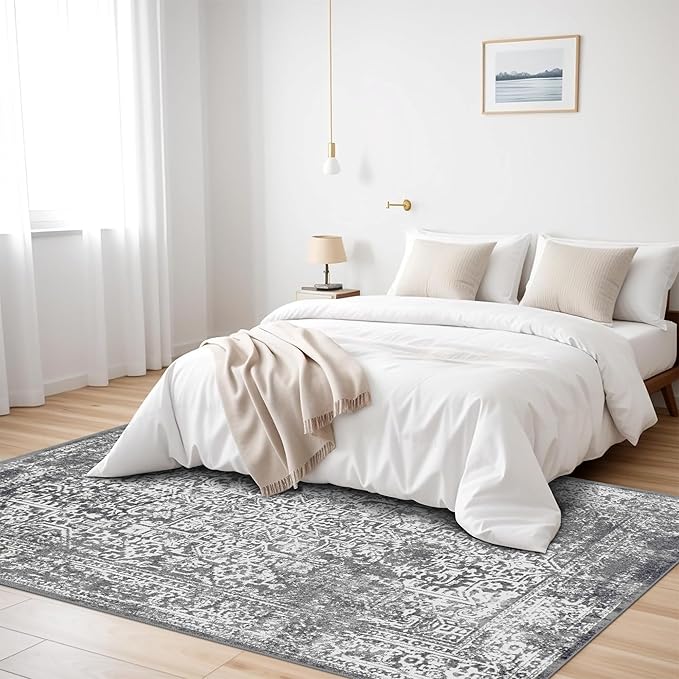 vivorug 3x5 Area Rugs, Stain Resistant Washable Rug for Living Room, Vintage-Inspired Grey Rug