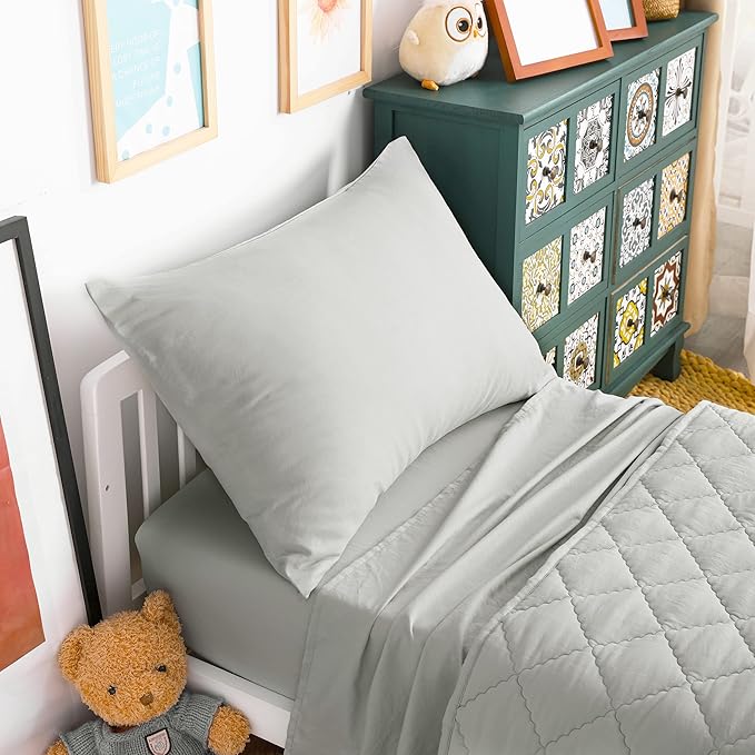 NTBAY Toddler Bedding Set - 4 Piece Soft and Breathable Crib Bedding Set for Boys and Girls, Includes Quilted Comforter, Fitted Sheet, Flat Top Sheet and Envelope Pillowcase, Light Grey