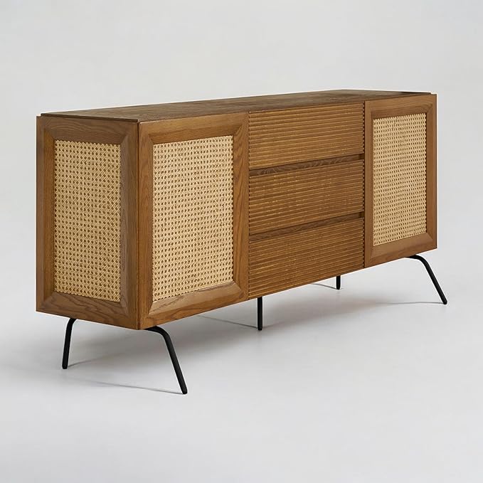 NTC MOSSIC Large Sideboard with 2 Doors and 3 Drawers, Buffet Cabinet with Natural Rattan and Metal Legs, Modern Storage Cabinet for Living Room, and Hallway, Effortless Assembly - Rustic Oak
