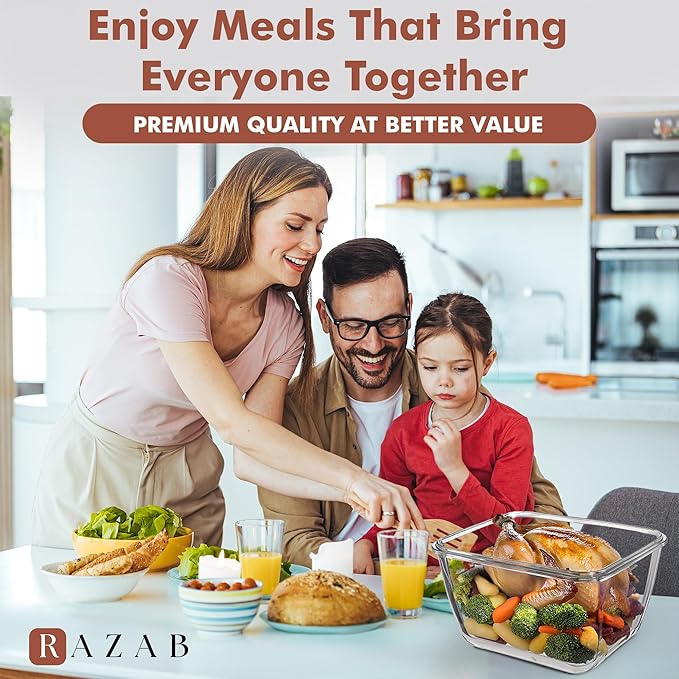 Razab 17 Cups / 132 Oz / 3900ml Large Glass Food Storage Containers with Lids - Leakproof, BPA-Free Large Meal Prep Container Ideal for Roasting Turkey, Store Leftover - Microwave & Oven Safe