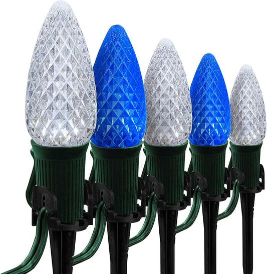 Wintergreen Lighting 100’ OptiCore LED Blue and White Christmas Pathway Lights, C9 Outdoor Christmas Lights, 4.5” Stakes, Green Wire Plug String Lights