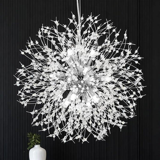 Qamra Modern Crystal Chandeliers, Chrome Firework Dandelion Sputnik Chandelier Light Fixture Pendant Lighting for Dining Room, Bedroom, Kitchen, Living Room(9-Light, Chrome)
