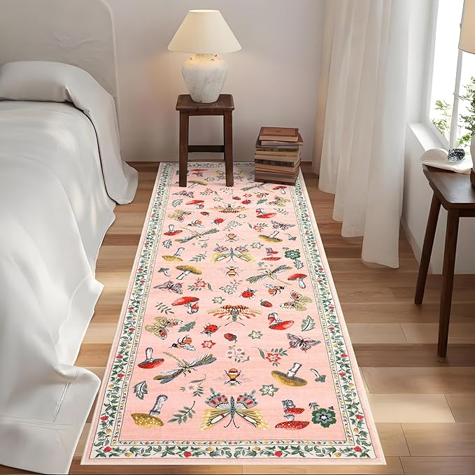 Mushroom Insect 2x6 Runner Rug for Hallway Washable Kitchen Rugs Non Slip with Rubber Back Light Pink Low-Pile Stain Resistant Indoor Carpet for Entryway Bathroom Laundry Dorm