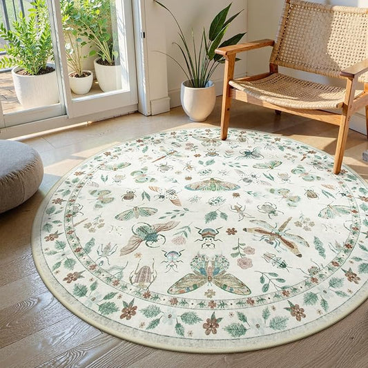 Lahome Insect Washable Round Rugs, Non-Slip Soft Round Rug 4ft Ultra-Thin, Small Boho Circle Carpet for Entryway Kitchen Bedroom Nursery Bathroom, Beige