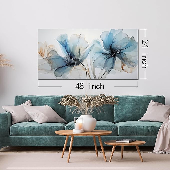 Floral Canvas Wall Art for Office Big Wall Decor for Bedroom Women Blue and White Wall Decor for Living Room Size 24 x 48 Inch