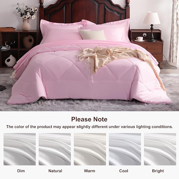 NTBAY King Comforter Set with Sheets, 7 Pieces Soft and Breathable King Bedding Set, Bed in a Bag, Down Alternative Comforter Set Solid Color All Season, King Bedding Set, Pink