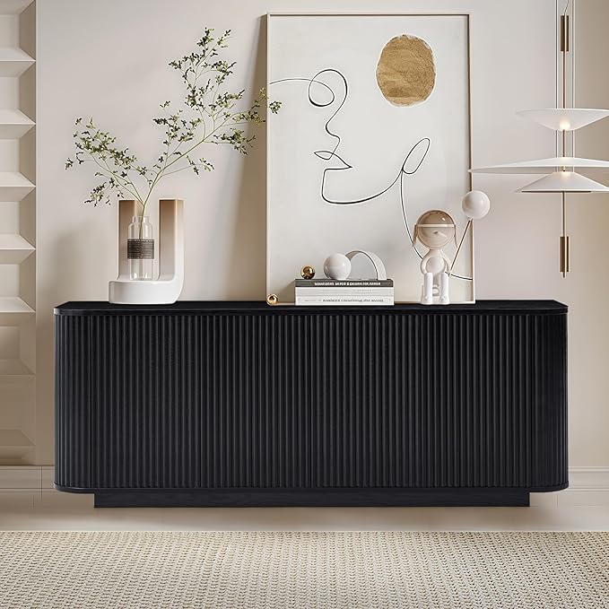 64" Buffet Sideboard Cabinet with Storage, Modern Fluted Accent Credenza with Adjustable Shelves, Wood Coffee Bar Console Table for Living Room Kitchen Dining Room Hallway, Black