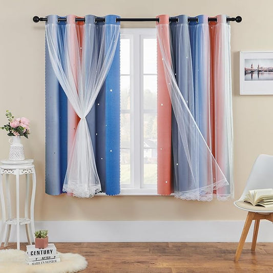 XiDi Curtains for Bedroom Decor, Rainbow PinkGreyBlue-52-45