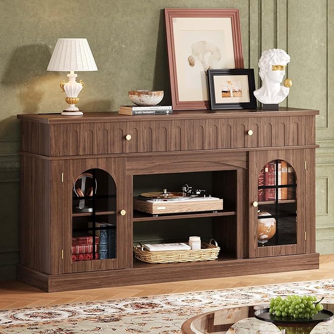 IRONCK TV Stand for 65 Inch TV, Entertainment Center with Charging Station and and Fireplace Mantel, Arched Design, Mid Century Modern TV Stands for Living Room and Bedroom, Walnut Brown