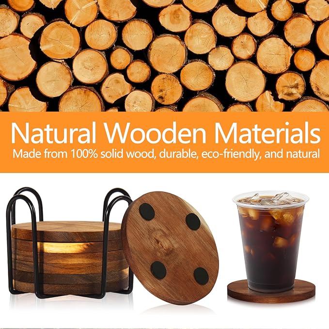 10 Pcs Wood Coasters with Holder, Wooden Coasters for Drinks Absorbent, Drink Coasters for Coffee Table, Modern Home Decor, Coaster Set for Table Protection, Office, Bar