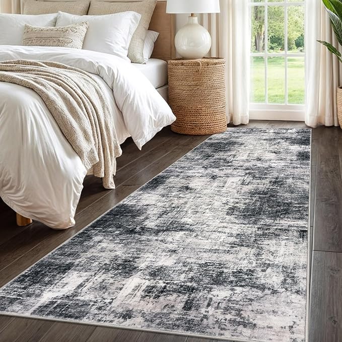 IOHOUZE Abstract Runner Rug 3x8 Ft Washable Runners for Hallways, Non Slip Kitchen Runner Printed Faux Wool Entryway Runner Indoor, Modern Abstract Floor Carpet for Hall Kitchen Bedroom, Black Grey