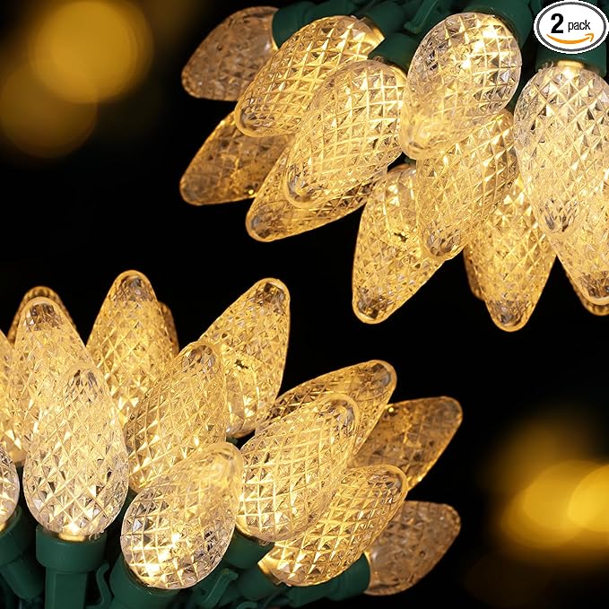 2-Set C7 Led Christmas String Lights, 25.16FT 50 LED Connectable Outdoor Indoor Decorative Light Strand, Warm White Holiday Lights for House, Christmas Tree, Patio, Party Decoration, UL Listed
