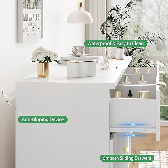 Fluted Dresser for Bedroom with 7 Drawers, 48" Wide Modern Chest of Drawers with Metal Handle, Wooden Dresser TV Stand, Wood Closet Clothes Storage Organizer for Living Room, Hallway, White