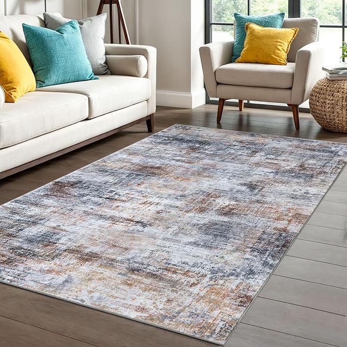 IOHOUZE Abstract Area Rug 4x6 Ft Washable Rugs for Entryway Indoor, Non Slip Small Living Room Rugs Printed Faux Wool Throw Rug, Floor Carpet for Kitchen Nursery Playroom, Orange Grey