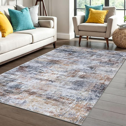 IOHOUZE Abstract Area Rug 4x6 Ft Washable Rugs for Entryway Indoor, Non Slip Small Living Room Rugs Printed Faux Wool Throw Rug, Floor Carpet for Kitchen Nursery Playroom, Orange Grey