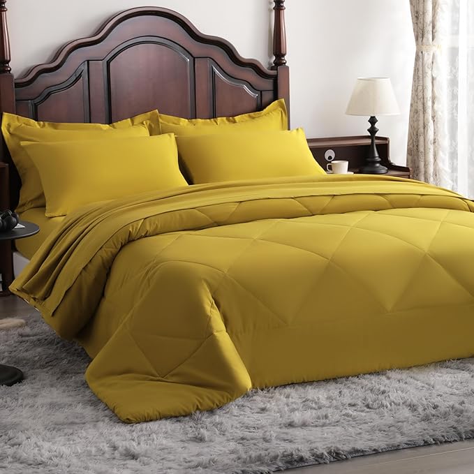 NTBAY King Comforter Set with Sheets, 7 Pieces Soft and Breathable King Bedding Set, Bed in a Bag, Down Alternative Comforter Set Solid Color All Season, King Bedding Set, Yellow