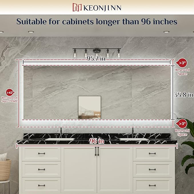 Keonjinn LED Backlit Mirror 96” x 36” Oversized Lighted Bathroom Mirror with UL Listed LED Driver, Large Stepless Dimmable Wall Mirror, Tempered Glass, CRI90+ Anti Fog Vanity Mirror with Backlights