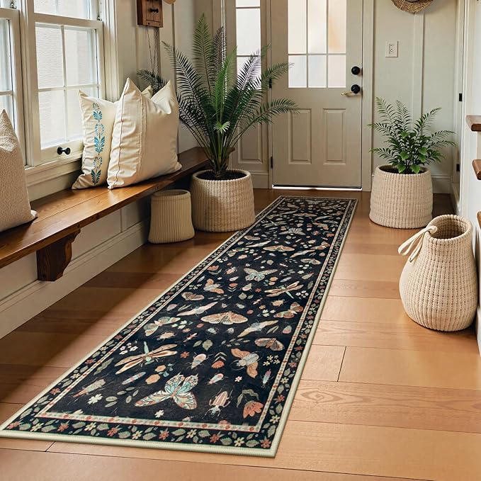 Lahome Insect Hallway Runner Rug, 2'5''x8' Ultra-Thin Washable Runners for Hallways Kitchen, Soft Laundry Room Rug Non-Slip Long Carpet for Entryway Bedroom Bathroom, Black