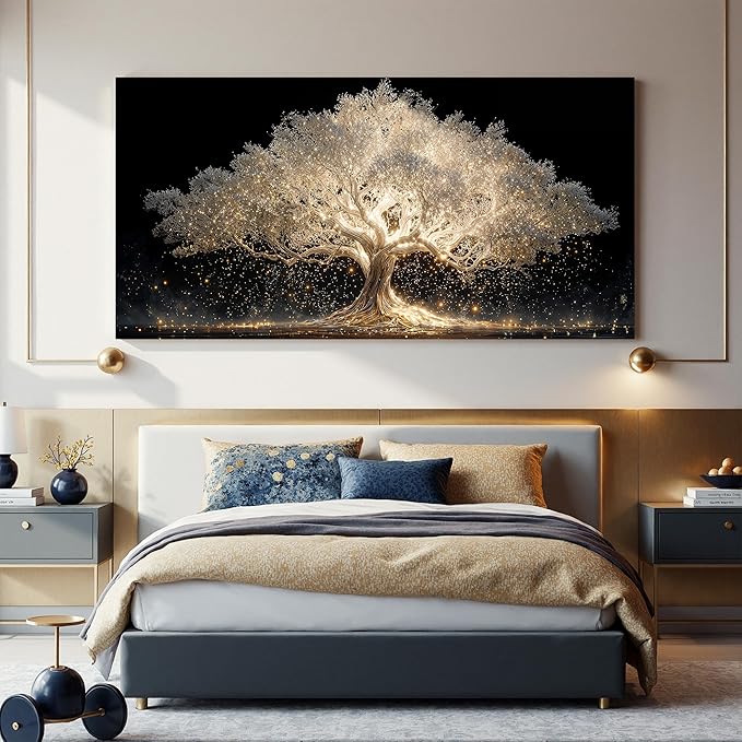Canvas Wall Art Decor Oversized Gold Fantasy Tree Of Life Canvas Wall Art For Living Room Art Decor White Modern Aesthetics Pictures Prints Artwork For Home Bedroom Office Room Wall Decor 29×58 Inch