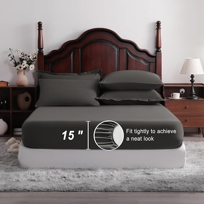 NTBAY King Comforter Set with Sheets, 7 Pieces Soft and Breathable King Bedding Set, Bed in a Bag, Down Alternative Comforter Set Solid Color All Season, King Bedding Set, Dark Grey