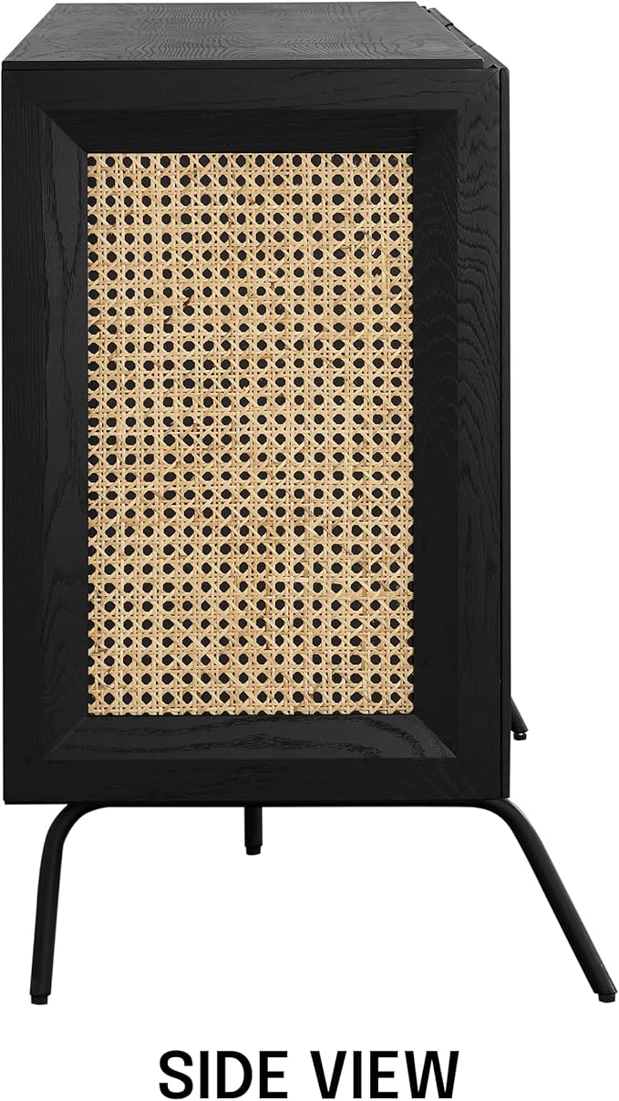 NTC MOSSIC Modern Sideboard with 3 Doors, Natural Rattan Storage Cabinet, Buffet with Metal Legs, Boho Accent Cabinet for Living Room, and Entryway, Effortless Assembly - Burnt Black