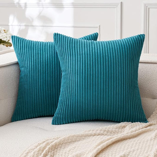 MIULEE Pack of 2 Teal Corduroy Pillow Covers Soft Soild Striped Throw Pillow Covers Set Decorative Square Cushion Cases Pillowcases for Sofa Bedroom Couch 20 x 20 Inch
