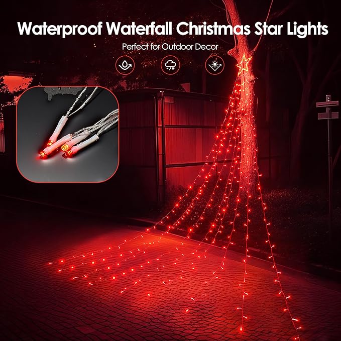 WBao 344 LED Christmas Lights Outdoor Decorations with 12" Star Topper, 11.9ft Waterfall Christmas Lights, Remote Control 8 Modes, 3 Timers, UL Listed Waterproof for Tree Roof Porch Xmas Decor, Red