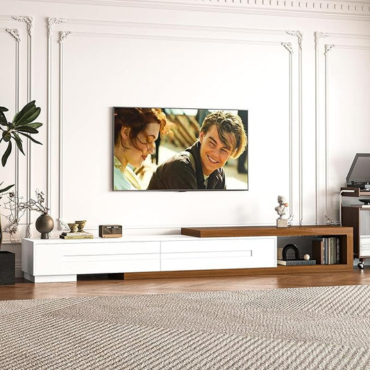 82-110" Extendable TV Stand, Wood Reversible Media Console with 2 Drawers, Modern Entertainment Center for Up to 120 Inch TV for Living Room Bedroom, White& Walnut