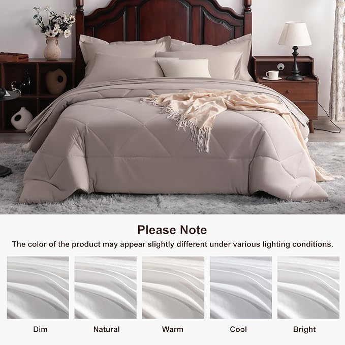 NTBAY King Comforter Set with Sheets, 7 Pieces Soft and Breathable King Bedding Set, Bed in a Bag, Down Alternative Comforter Set Solid Color All Season, King Bedding Set, Taupe