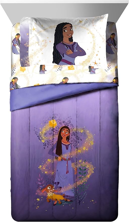 Jay Franco Disney Wish Twin Comforter Set - 5 Piece Bed Set Includes Sheet Set & Pillow Covers - Super Soft Kids Bedding Features Asha, Valentino & Star