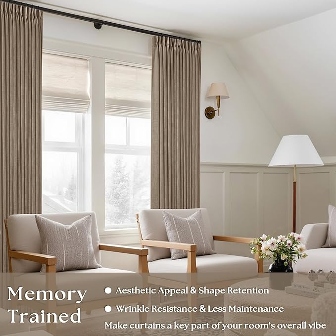 80 Inch Pinch Pleated Linen Curtains 2 Panels for Living Room Bedroom Boho Farmhouse Light Copper Brown Tan Latte Semi Sheer Back Tab Pinch Pleat with Hooks Rings Window Curtain 80 Inches Long