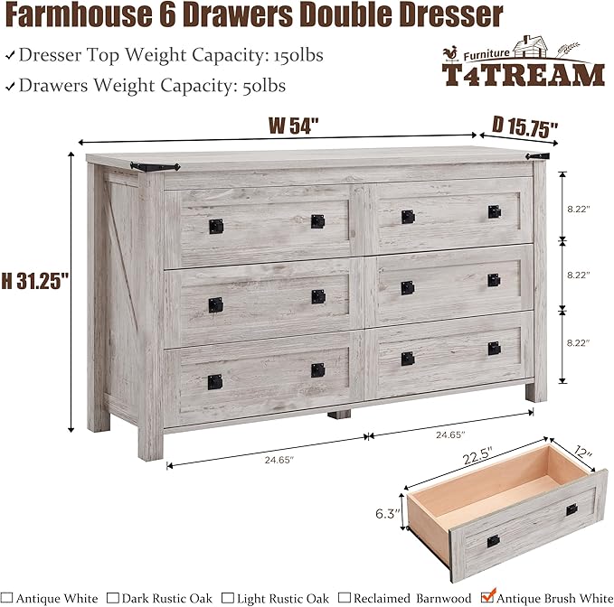 T4TREAM Farmhouse 6 Drawers Dresser for Bedroom, Wood Rustic Wide Chest of Drawers, Storage Dressers Organizer for Bedroom, Living Room, Hallway, Antique Brush White