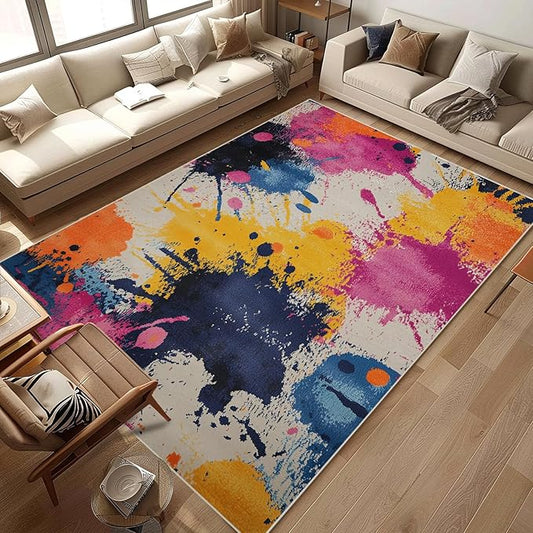 Area Rug 8X10 Entryway Colorful Abstract Watercolor Stain Modern Aesthetic Rugs Machine Washable Soft Rug Colorful Carpet for Entrance Living Room Bedroom Dining Room Office Indoor