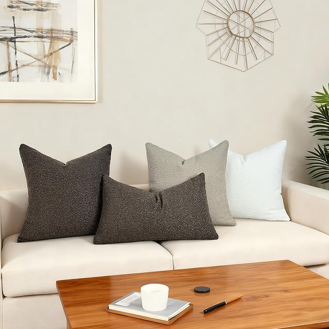 Textured Boucle Pillow Covers 12x20 Inch Set of 2, Striped Solid Pillowcases Cozy Soft Modern Accent Boho Lumbar Decorative Throw Pillows for Couch Sofa Bed Living Room Home Decor, Brown