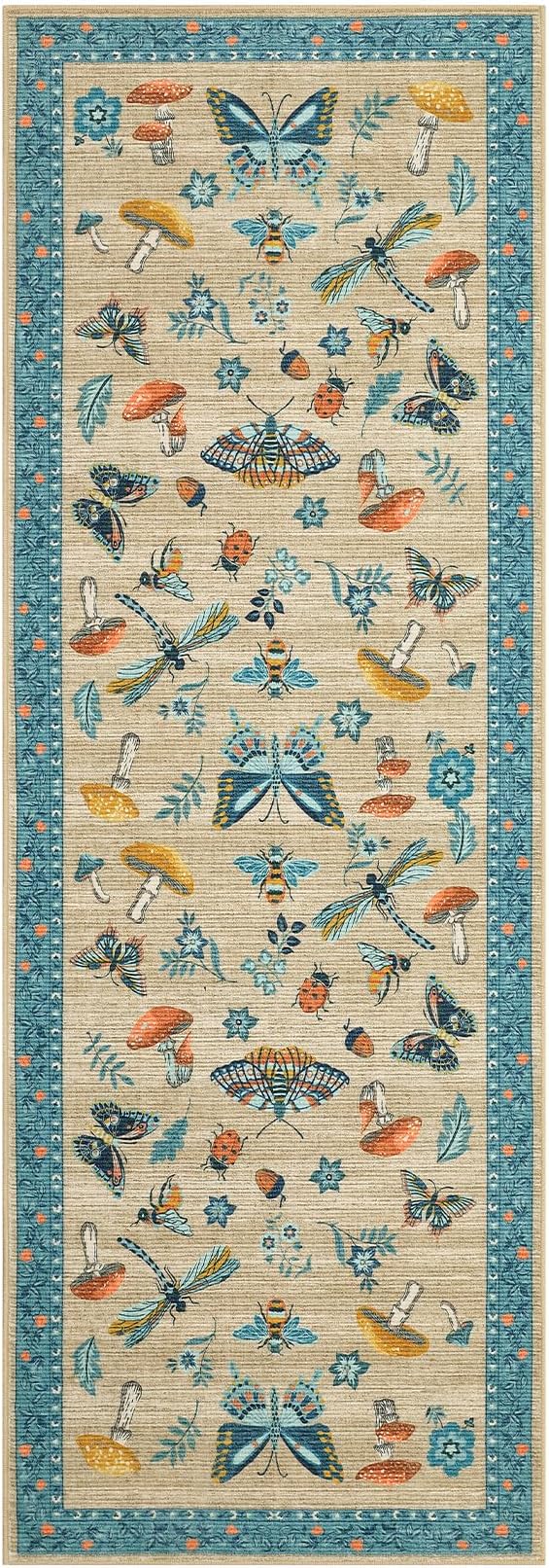 Mushroom Insect 2x6 Runner Rug for Hallway Washable Kitchen Rugs Non Slip with Rubber Back Khaki Blue Low-Pile Stain Resistant Indoor Carpet for Entryway Bathroom Laundry Dorm