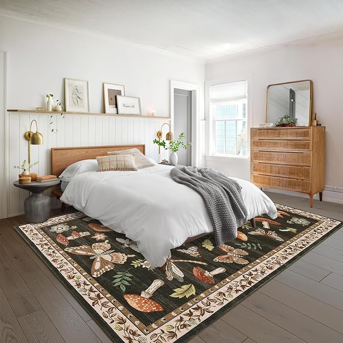 Mushroom 8x10 Rug for Living Room Non Slip Washable 8 X 10 Rug for Bedroom with Rubber Back Soft Low-Pile Stain Resistant Foldable Large Carpet for Office Nursery Dining Room Brown