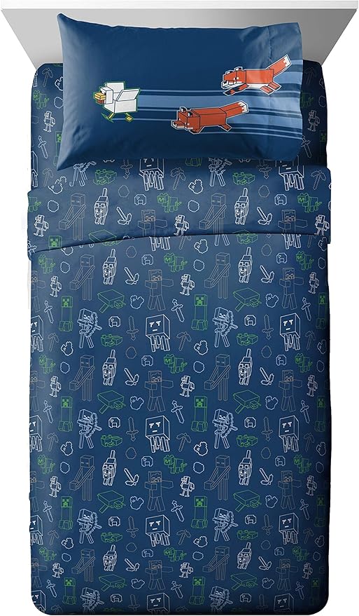Jay Franco Minecraft 7pc Full Bed Set - Includes Comforter, Sheet Set & Decorative Pillow Shams - Features Creeper, Ghost, Zombie & Enderman Characters