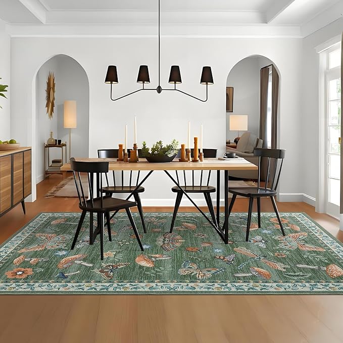 Washable Rug 9x12 Area Rugs for Living Room, Mushroom Insect for Bedroom, 9x12 Rug Non Slip Carpet with Rubber Back, Low Pile Stain Resistant Modern Carpet for Dining Room Dorm, Green